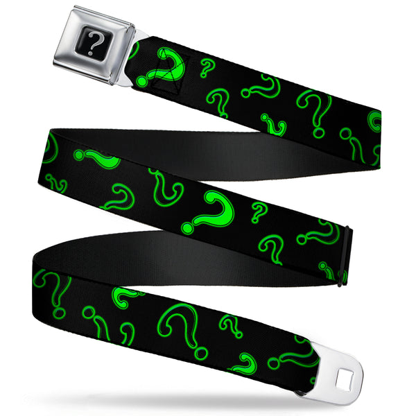 Buckle-Down Riddler "?" Black Silver Seatbelt Belt - Question Mark Scattere2 Black/Neon Green Webbing