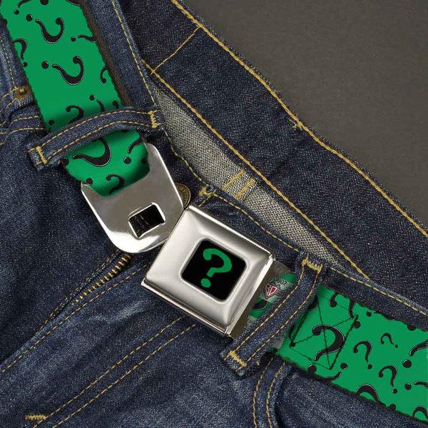 Buckle-Down Riddler "?" Full Color Black Green Seatbelt Belt - Question Mark Scattered3 Dark Green/Black Webbing