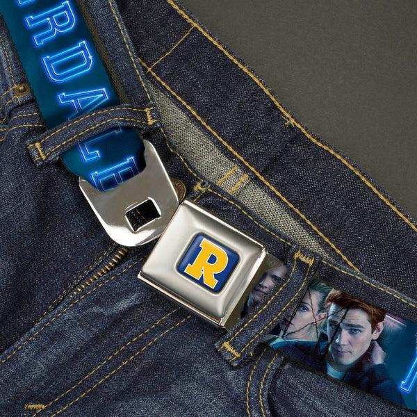 Buckle-Down RIVERDALE "R" Logo Full Color Blue White Yellow Seatbelt Belt - RIVERDALE 7-Character Group Pose Blues Webbing