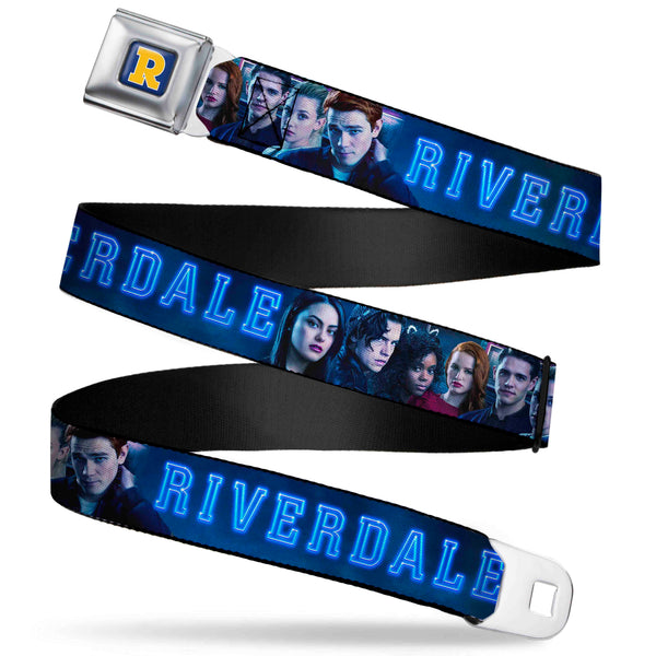 Buckle-Down RIVERDALE "R" Logo Full Color Blue White Yellow Seatbelt Belt - RIVERDALE 7-Character Group Pose Blues Webbing