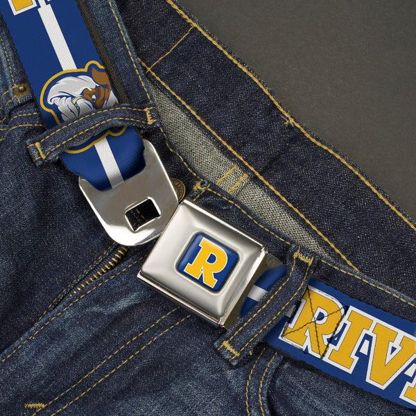 Buckle-Down RIVERDALE "R" Logo Full Color Blue White Yellow Seatbelt Belt - RIVERDALE/Bulldog Mascot Stripe Blue/White/Yellow Webbing