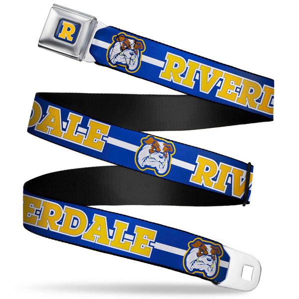 Buckle-Down RIVERDALE "R" Logo Full Color Blue White Yellow Seatbelt Belt - RIVERDALE/Bulldog Mascot Stripe Blue/White/Yellow Webbing
