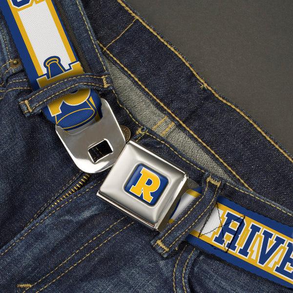 Buckle-Down RIVERDALE "R" Logo Full Color Blue White Yellow Seatbelt Belt - RIVER VIXENS/Cheer Logo Stripe Blue/White/Yellow Webbing