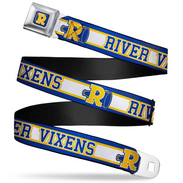Buckle-Down RIVERDALE "R" Logo Full Color Blue White Yellow Seatbelt Belt - RIVER VIXENS/Cheer Logo Stripe Blue/White/Yellow Webbing