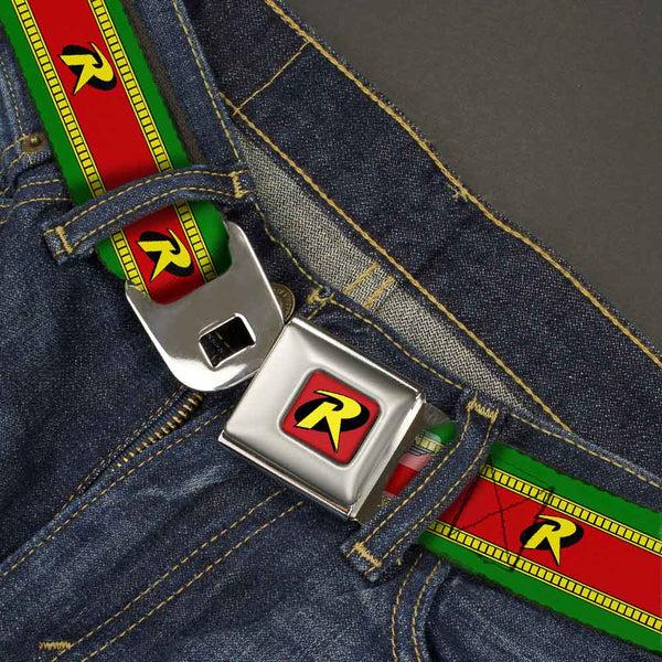Buckle-Down Robin "R" Logo Full Color Red Black Yellow Seatbelt Belt - Robin "R" Logo Stripe Green/Yellow/Red/Black Webbing