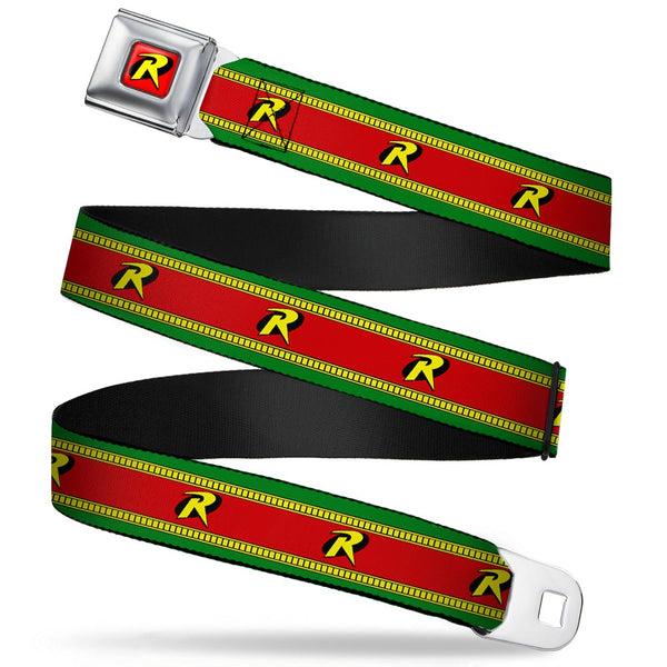 Buckle-Down Robin "R" Logo Full Color Red Black Yellow Seatbelt Belt - Robin "R" Logo Stripe Green/Yellow/Red/Black Webbing