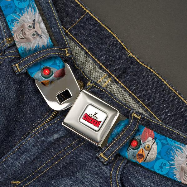 Buckle-Down ROBOT CHICKEN Title Logo Full Color White/Black/Red Seatbelt Belt - Robot Chicken And Mad Scientist Expressions Blues Webbing