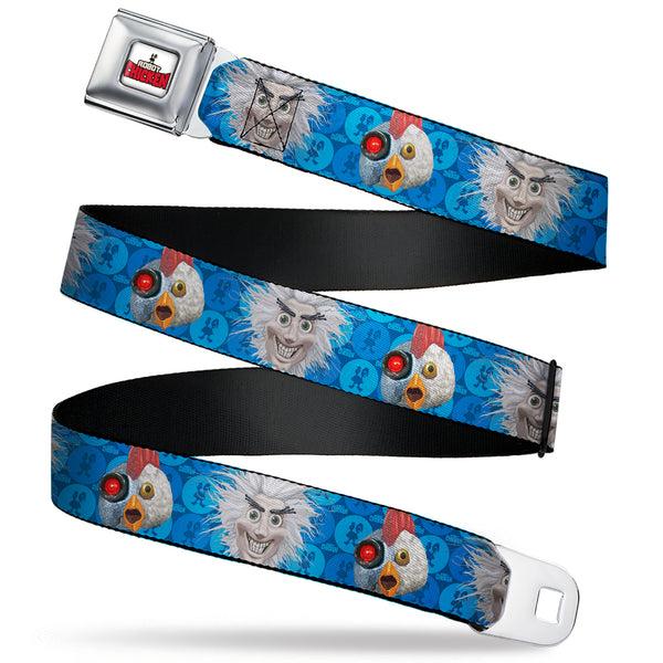 Buckle-Down ROBOT CHICKEN Title Logo Full Color White/Black/Red Seatbelt Belt - Robot Chicken and Mad Scientist Expressions Blues Webbing