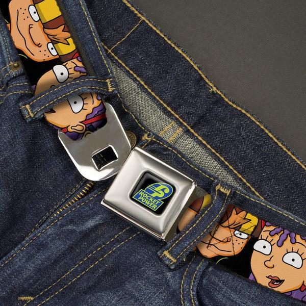 Buckle-Down ROCKET POWER RP Logo Full Color Black/Green/Blue Seatbelt Belt - ROCKET POWER RP Logo/4-Character Faces CLOSE-UP Black/Green/Blue Webbing