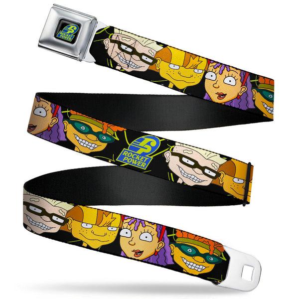 Buckle-Down ROCKET POWER RP Logo Full Color Black/Green/Blue Seatbelt Belt - ROCKET POWER RP Logo/4-Character Faces CLOSE-UP Black/Green/Blue Webbing