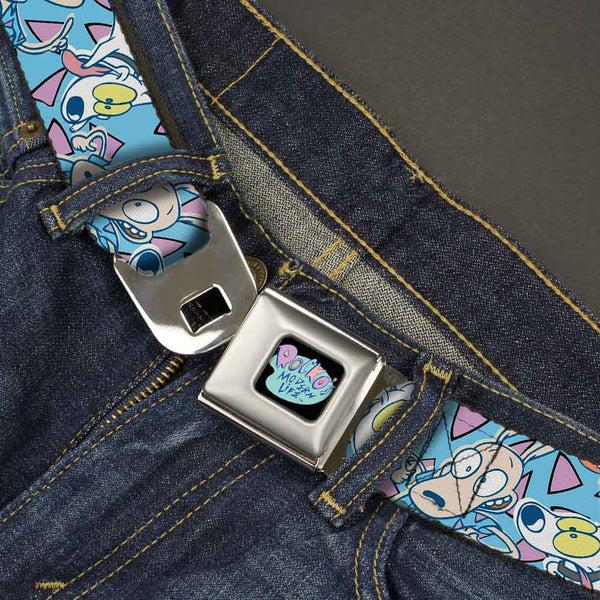 Buckle-Down ROCKO'S MODERN LIFE Logo Full Color Black/Blues Seatbelt Belt - Rocko & Spunky Scattered Expressions/Triangles Blue/Lavender Webbing