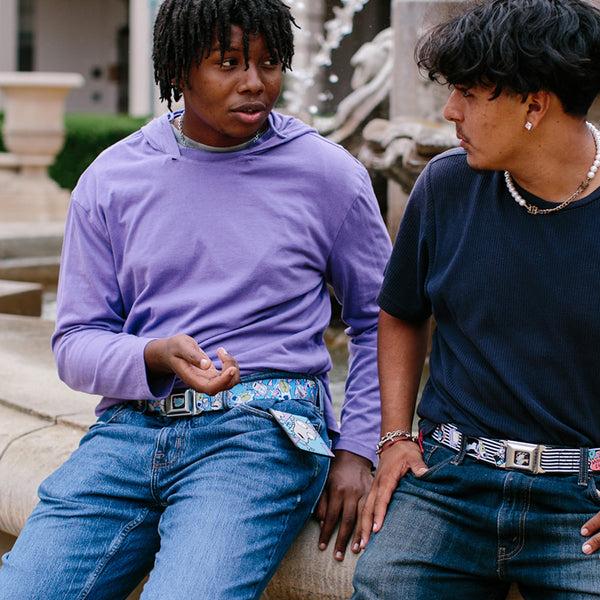 Buckle-Down ROCKO'S MODERN LIFE Logo Full Color Black/Blues Seatbelt Belt - Rocko & Spunky Scattered Expressions/Triangles Blue/Lavender Webbing