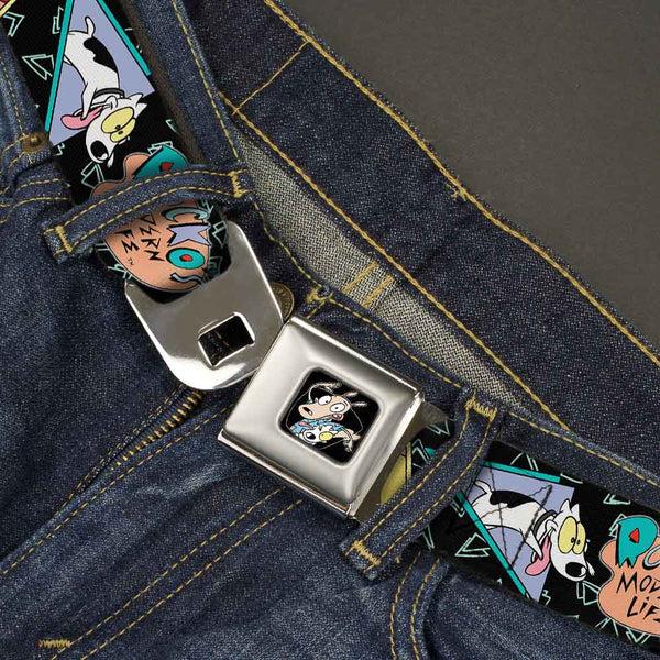 Buckle-Down Rocko & Spunky Pose Full Color Black Seatbelt Belt - ROCKO'S MODERN LIFE Character Portraits/Triangles Black/Blue Webbing