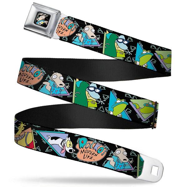 Buckle-Down Rocko & Spunky Pose Full Color Black Seatbelt Belt - ROCKO'S MODERN LIFE Character Portraits/Triangles Black/Blue Webbing