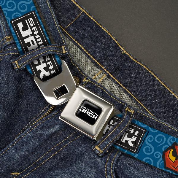 Buckle-Down SAMURAI JACK Title Logo Full Color Black/White Seatbelt Belt - SAMURAI JACK Title Logo And Icons With Swirl Blues Webbing