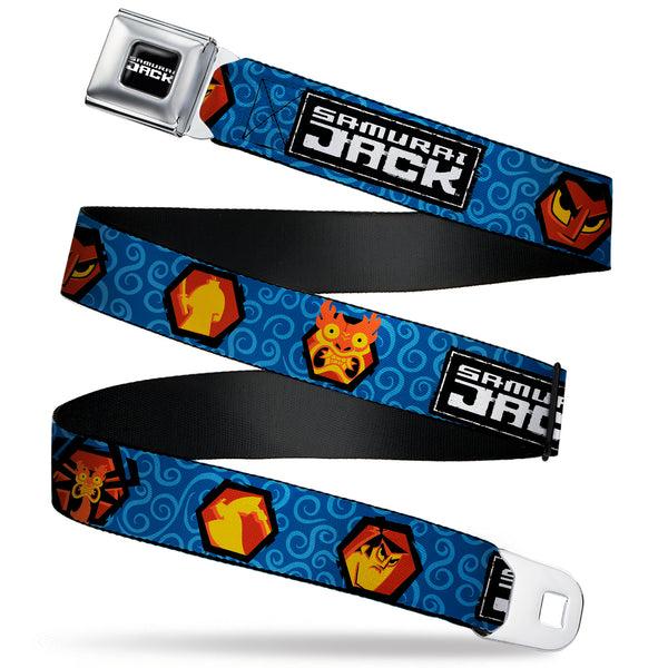 Buckle-Down SAMURAI JACK Title Logo Full Color Black/White Seatbelt Belt - SAMURAI JACK Title Logo and Icons with Swirl Blues Webbing