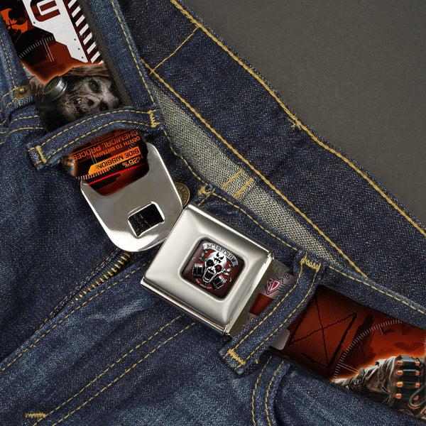 Buckle-Down SCARECROW Arkham Knight Skull Icon Full Color Reds Seatbelt Belt - SCARECROW Arkham Knight Profile/2-Poses Orange/Black/White Webbing