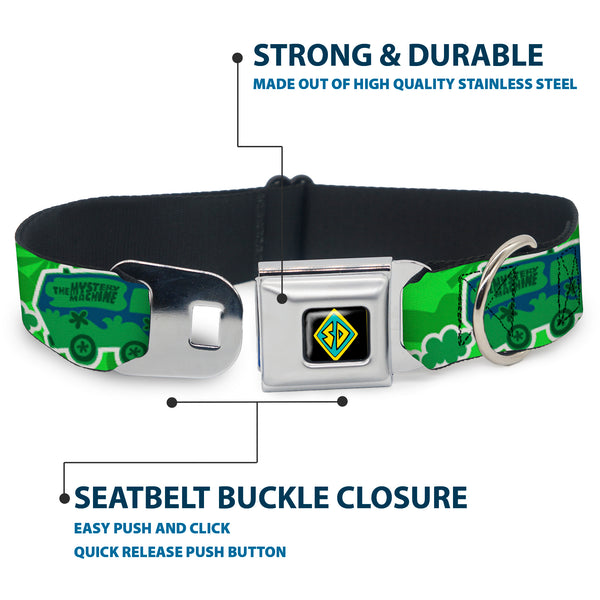 Buckle-Down Scooby Doo Dog Tag Full Color Seatbelt Buckle Collar - Scooby Doo Mystery Machine/Dog Tag Collage Greens/Blues