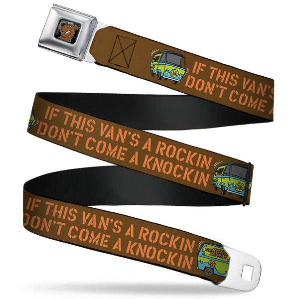 Buckle-Down Scooby Doo Face Full Color Black Seatbelt Belt - Mystery Machine IF THIS VAN'S A ROCKIN Brown/Orange Webbing