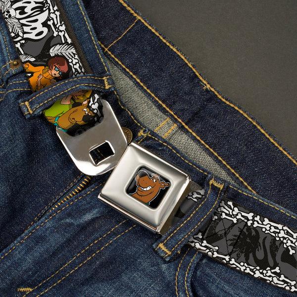 Buckle-Down Scooby Doo Face Full Color Black Seatbelt Belt - SCOOBY DOO Group Pose/Bones Webbing
