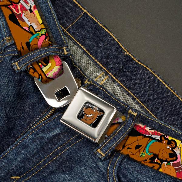 Buckle-Down Scooby Doo Face Full Color Black Seatbelt Belt - Scooby Doo Poses/Snacks Stacked Webbing