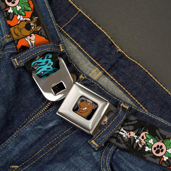 Buckle-Down Scooby Doo Face Full Color Black Seatbelt Belt - SCOOBY DOO Face/Paw & Crossbones Gray/Black/Orange/Blue Webbing