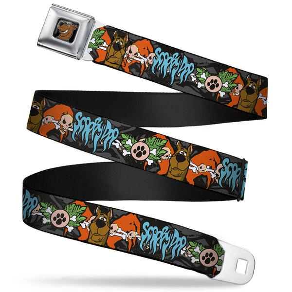 Buckle-Down Scooby Doo Face Full Color Black Seatbelt Belt - SCOOBY DOO Face/Paw & Crossbones Gray/Black/Orange/Blue Webbing