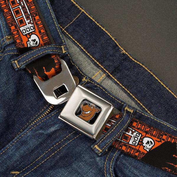 Buckle-Down Scooby Doo Face Full Color Black Seatbelt Belt - SCOOBY DOO Running Chase Orange/Black/White Webbing