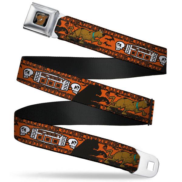 Buckle-Down Scooby Doo Face Full Color Black Seatbelt Belt - SCOOBY DOO Running Chase Orange/Black/White Webbing