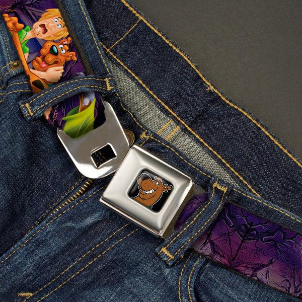 Buckle-Down Scooby Doo Face Full Color Black Seatbelt Belt - Scooby & Shaggy Hugging W/Werewolf Man Purple Webbing