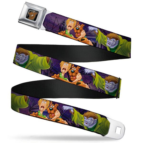 Buckle-Down Scooby Doo Face Full Color Black Seatbelt Belt - Scooby & Shaggy Hugging w/Werewolf Man Purple Webbing