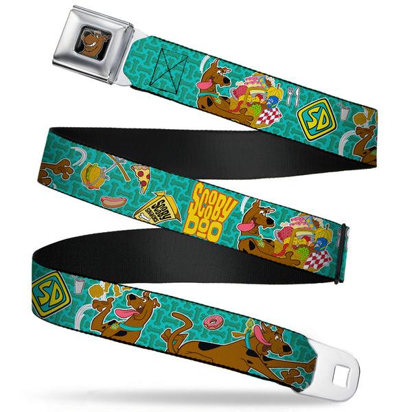 Buckle-Down Scooby Doo Face Full Color Black Seatbelt Belt - Scooby Doo & Snacks/Bone Monogram Blues Webbing