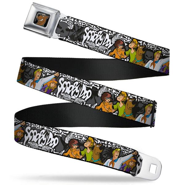 Buckle-Down Scooby Doo Face Full Color Black Seatbelt Belt - SCOOBY DOO Group Pose/Bones Webbing