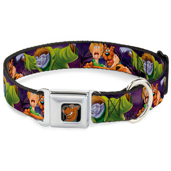 Buckle-Down Scooby Doo Face Full Color Black Seatbelt Buckle Collar - Scooby & Shaggy Hugging W/Werewolf Man Purple