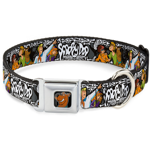 Buckle-Down Scooby Doo Face Full Color Black Seatbelt Buckle Collar - SCOOBY DOO Group Pose/Bones
