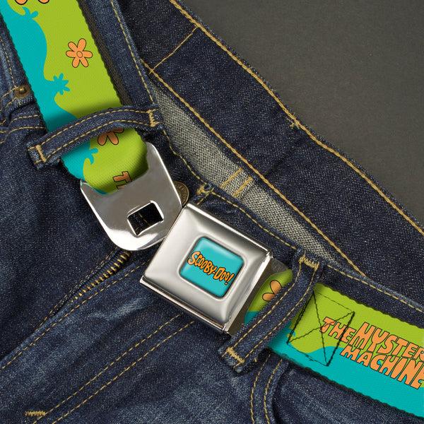 Buckle-Down SCOOBY DOO Text Logo Full Color Aqua/Orange Seatbelt Belt - Scooby Doo THE MYSTERY MACHINE Paint Job Green/Aqua/Orange Webbing