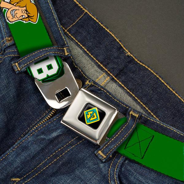 Buckle-Down SD Dog Tag Full Color Black Yellow Blue Seatbelt Belt - Shaggy Poses/BAKED Green/White Webbing