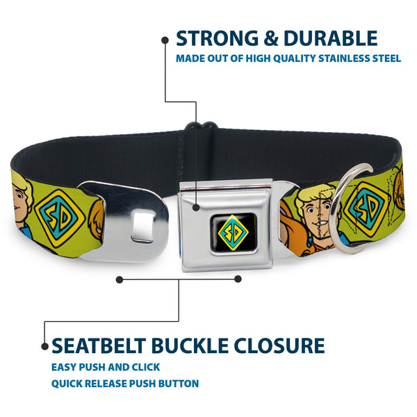 Buckle-Down SD Dog Tag Full Color Black/Yellow/Blue Seatbelt Buckle Collar - Scooby Doo Character Faces Close-Up Green
