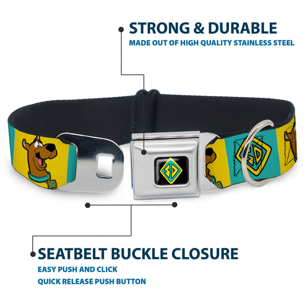 Buckle-Down SD Dog Tag Full Color Black/Yellow/Blue Seatbelt Buckle Collar - Scooby Doo Pose And Dog Tag Blocks Yellow/Blue