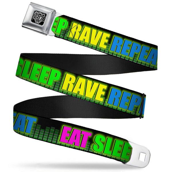 Buckle-Down Seatbelt Belt - EAT SLEEP RAVE REPEAT Black/Multi Neon