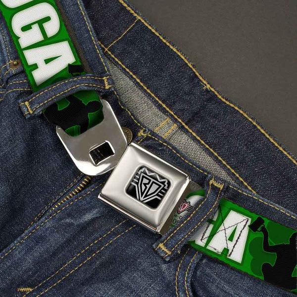 Buckle-Down Seatbelt Belt - IRISH YOGA Poses/Clovers Greens/Black/White