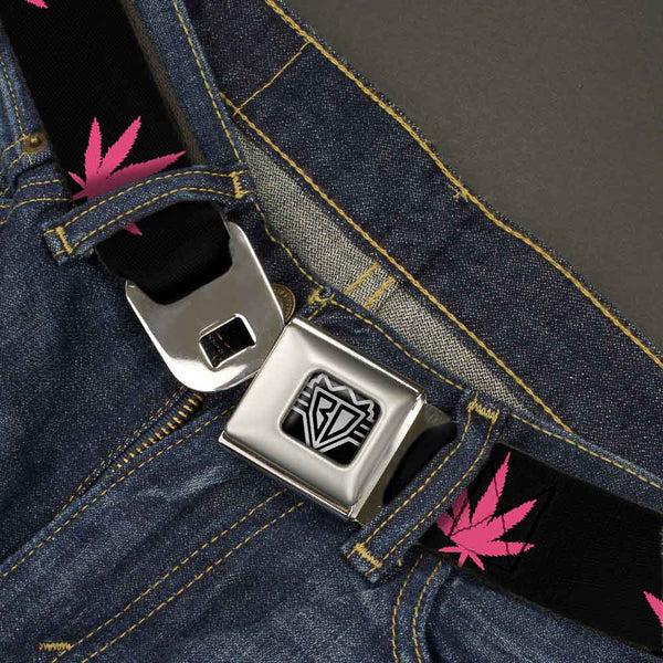 Buckle-Down Seatbelt Belt - Marijuana Leaf Repeat Black/Pink