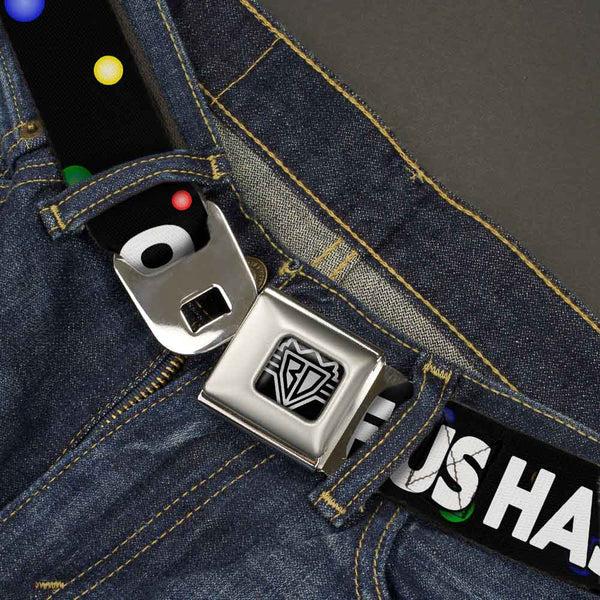 Buckle-Down Seatbelt Belt - ONE OF US HAS NO BALLS/Balls Black/Multi Color/White