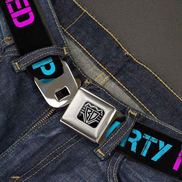 Buckle-Down Seatbelt Belt - PARTY NAKED Black/Turquoise/Fuchsia