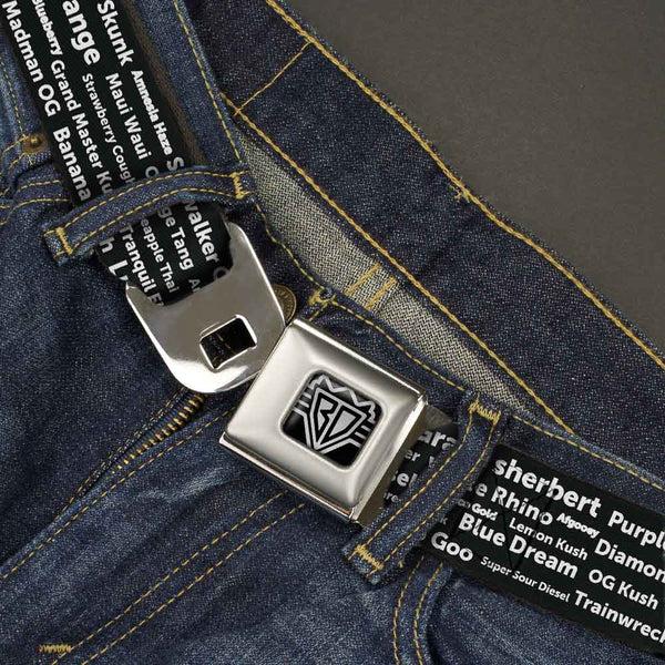 Buckle-Down Seatbelt Belt - Verbiage Marijuana Strains Black/White