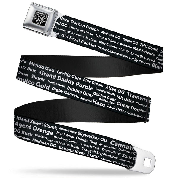 Buckle-Down Seatbelt Belt - Verbiage Marijuana Strains Black/White Buckle-Down Seatbelt Belt - Verbiage Marijuana Strains Black/White
