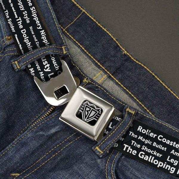 Buckle-Down Seatbelt Belt - Verbiage Sex Positions Black/White