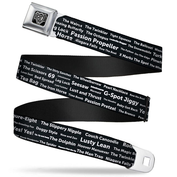 Buckle-Down Seatbelt Belt - Verbiage Sex Positions Black/White