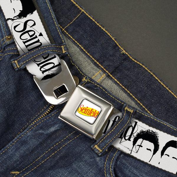 Buckle-Down SEINFELD Spotlight Logo Full Color White/Yellow/Red Seatbelt Belt - SEINFELD Cast Face Silhouettes White/Black Webbing