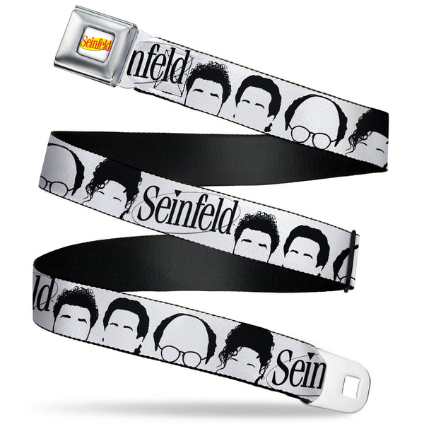 Buckle-Down SEINFELD Spotlight Logo Full Color White/Yellow/Red Seatbelt Belt - SEINFELD Cast Face Silhouettes White/Black Webbing